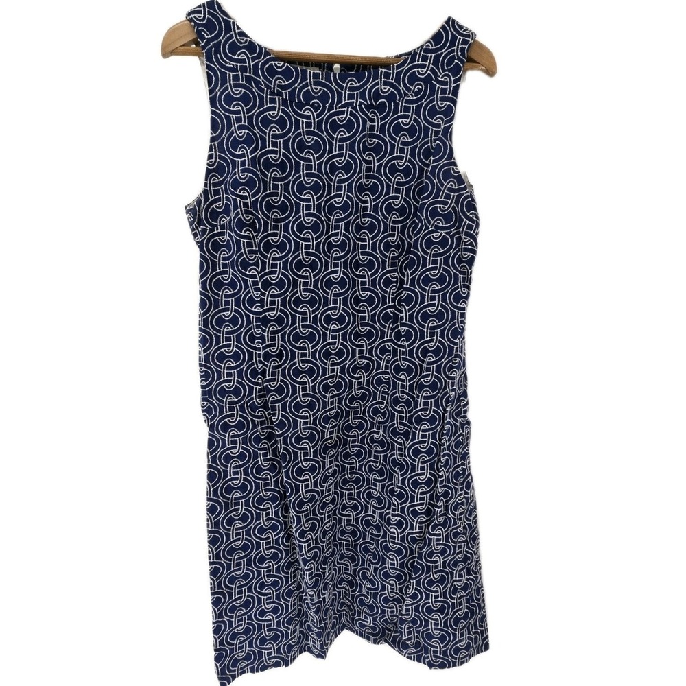 Talbots Shift Dress Womens 14 Geometric Chain Link Navy Blue Sleeveless EUC